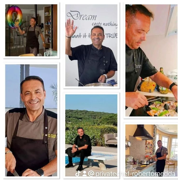 Un collage de fotos de un hombre con delantal.