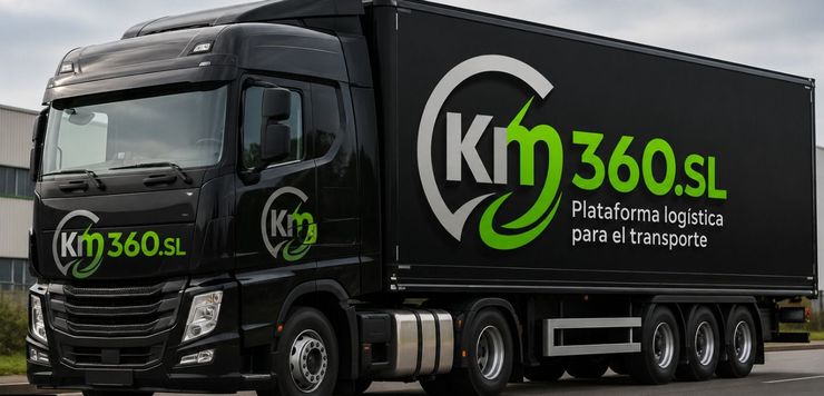 Camión de reparto KIM360.SL negro con logotipo verde en el lateral circulando por una carretera.