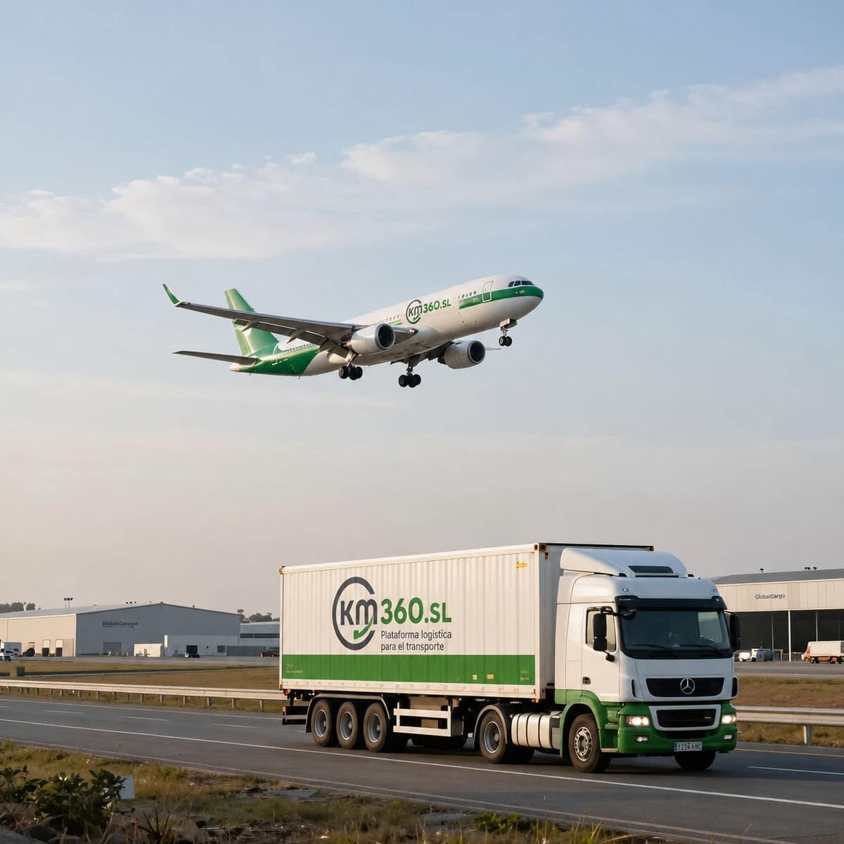 Un avión de carga verde y blanco aterriza sobre un camión KM360 SL en una pista, con edificios al fondo.