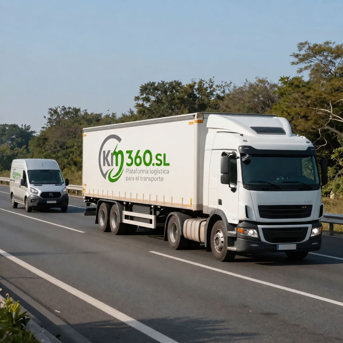 Dos furgonetas de reparto blancas circulando por una autopista, una de ellas con la marca KM360.SL, con árboles a los lados de la carretera.