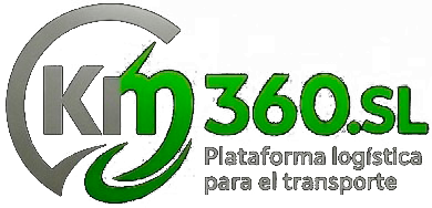 KM360.SL logo with green and gray text, “Plataforma logística para el transporte” tagline.