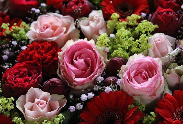 Bunter Blumenstrauß mit Rosen in Rot, Rosa und Grün in dichter Anordnung.