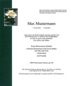 Trauerkarte mit Blumenmotiv und Text für eine Gedenk- oder Abschiedszeremonie.