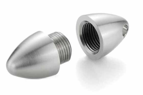 Zweiteiliger metallischer Anhänger mit Schraubgewinde, geöffnet und geschlossen dargestellt.