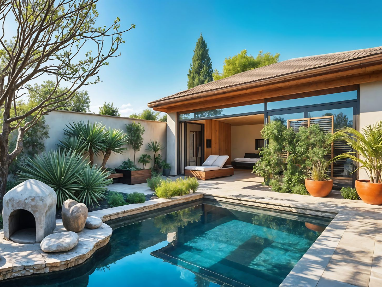 Terrasse au bord de la piscine avec piscine, chaise longue, plantes et bâtiment sous un ciel bleu.