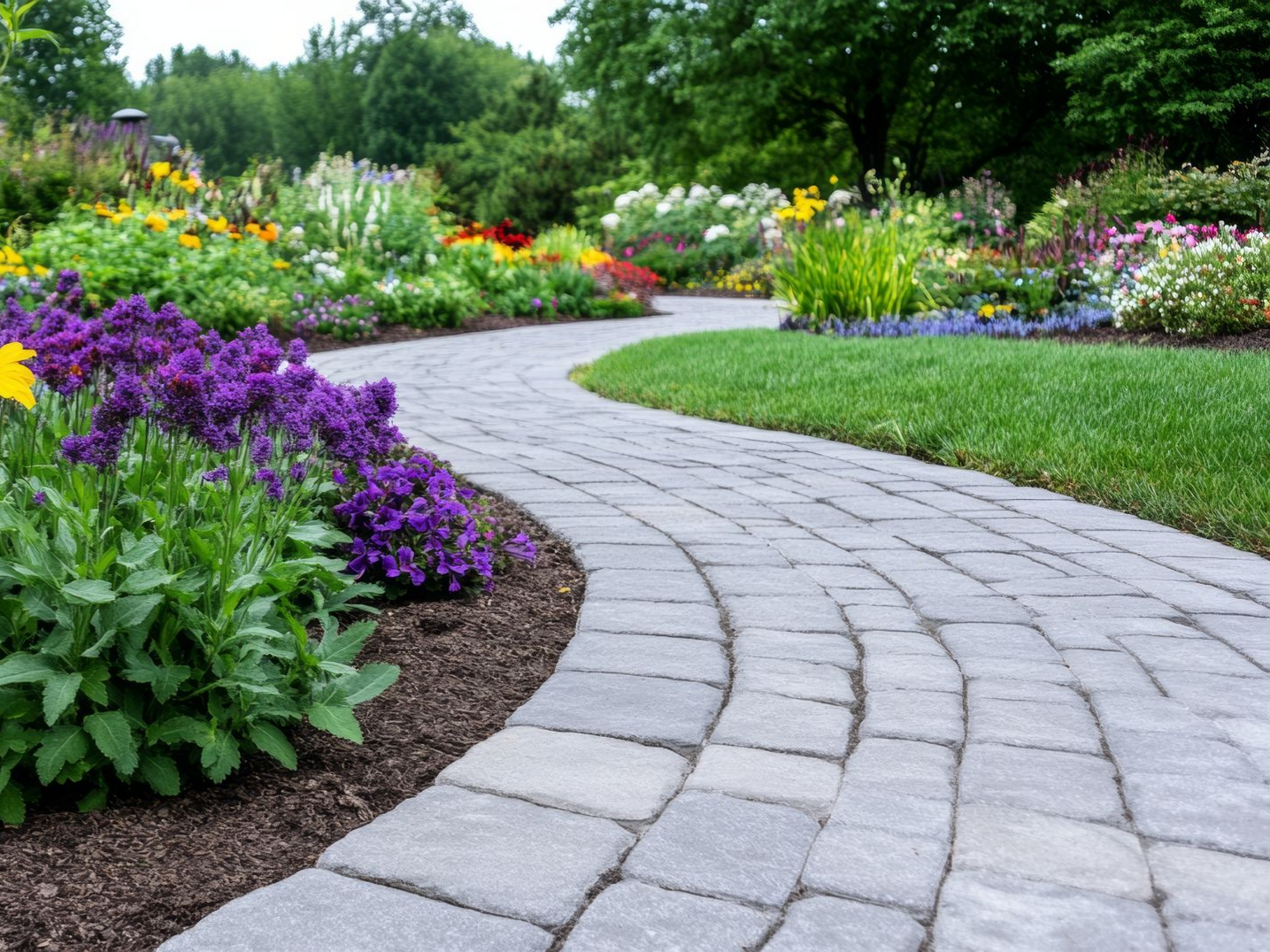 Un chemin de pierre serpenté à travers un jardin aux fleurs éclatantes et à l'herbe verte.