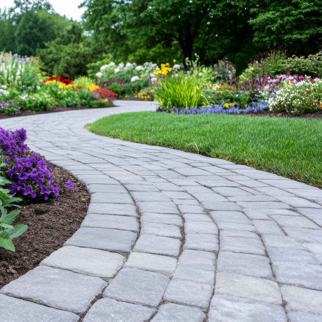 Un chemin de pierre sinueux traverse un jardin rempli de fleurs colorées et d'herbe verte.