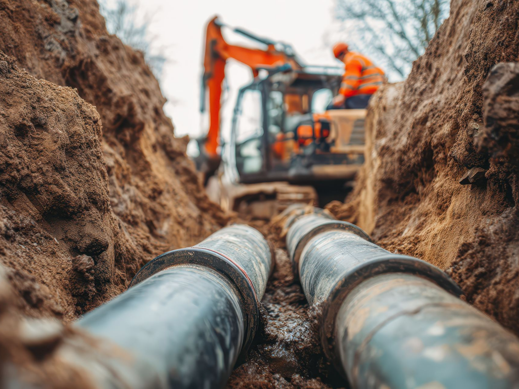 Deux tuyaux parallèles dans une tranchée ; une excavatrice et un ouvrier en gilet orange sont visibles à l'arrière-plan.