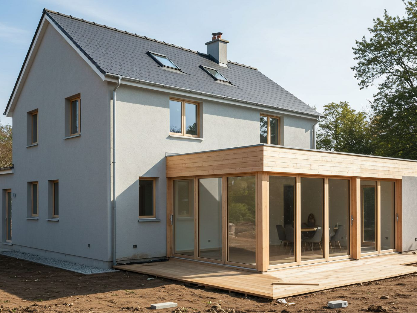 Maison à deux étages avec un enduit gris clair et une véranda en bois, située sur un chantier de construction.