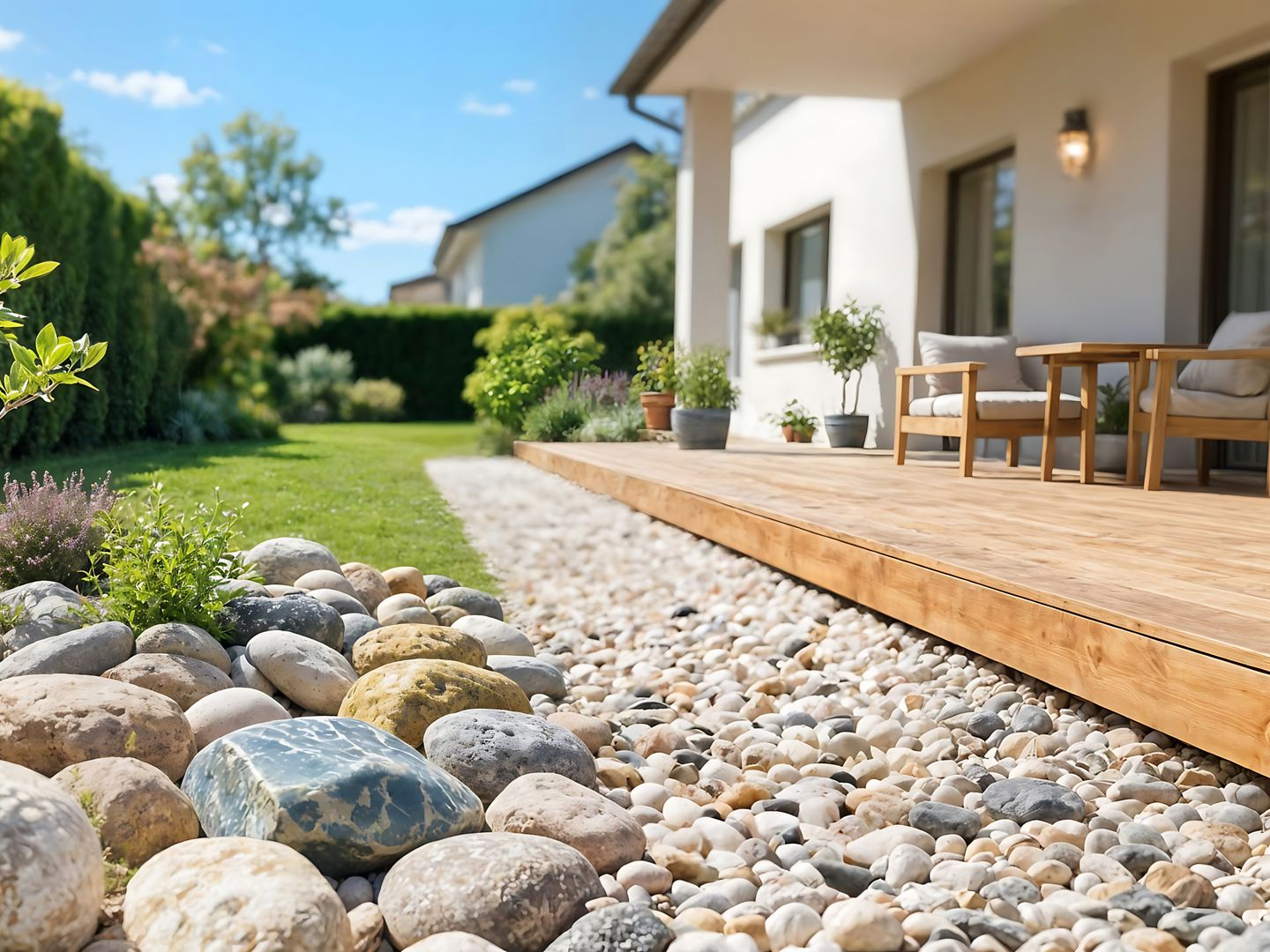 Jardin avec terrasse en bois, rochers, pelouse verte et maison blanche.