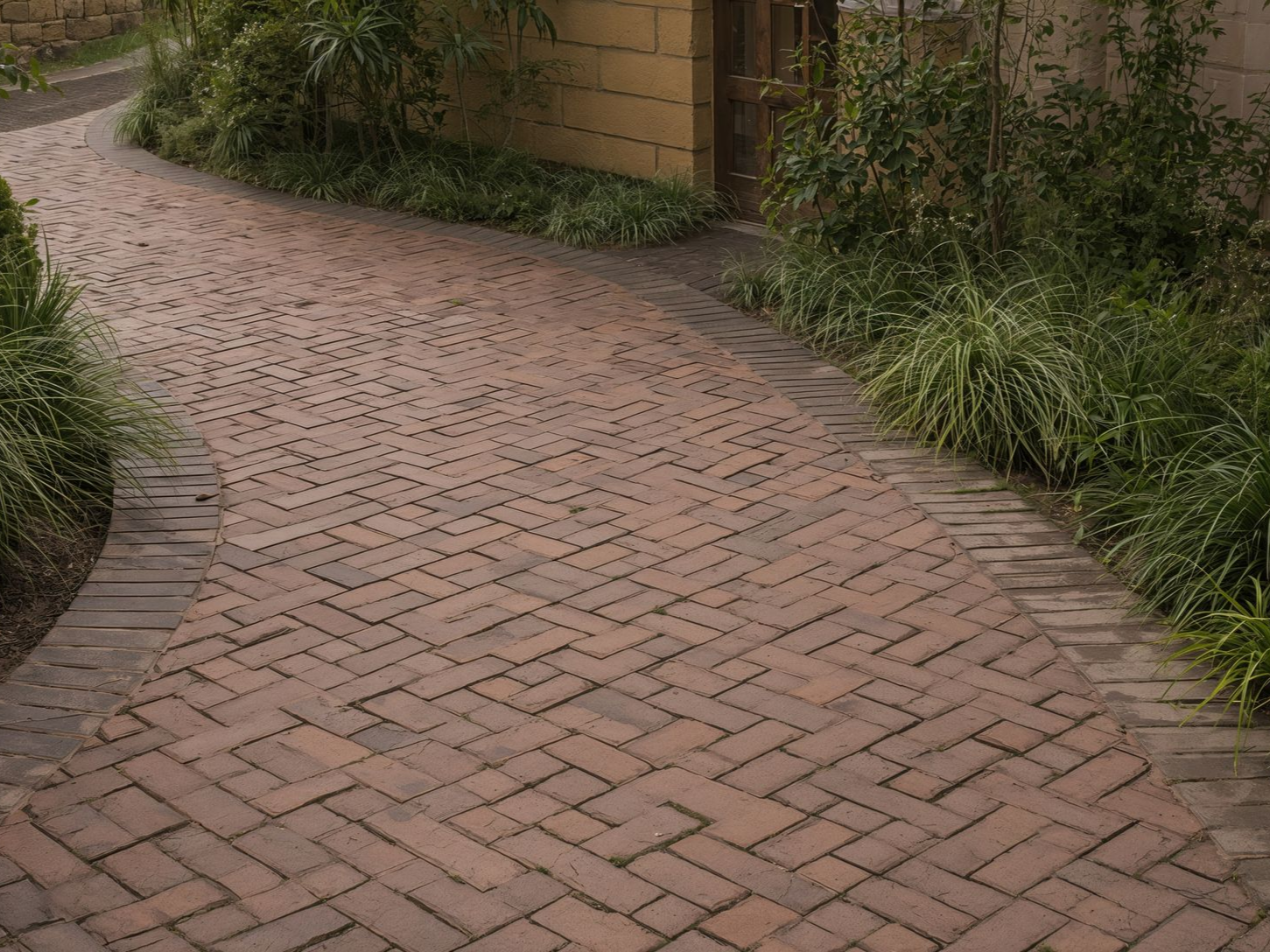 Un chemin de briques serpente à travers un jardin bordé de plantes vertes.