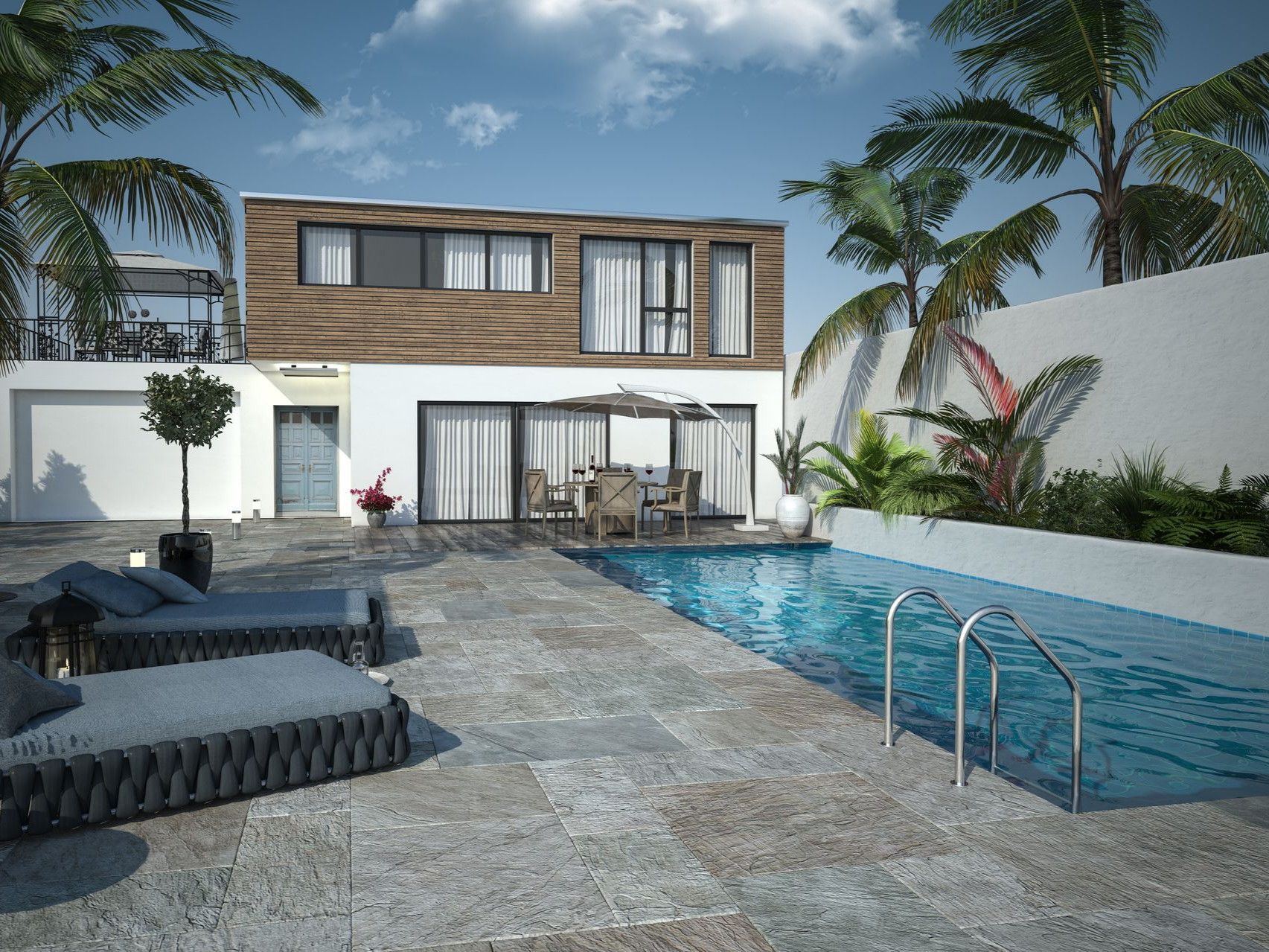 Maison moderne avec piscine, palmiers et terrasse. Eau bleue, journée ensoleillée.