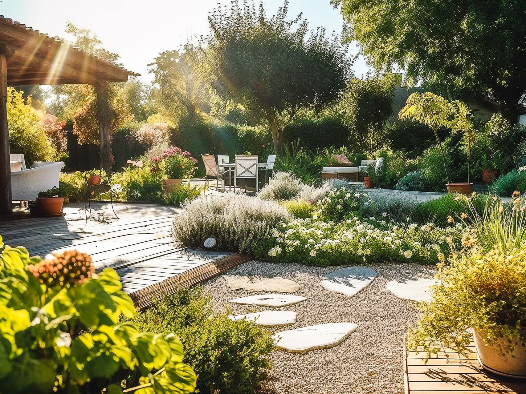 Jardin avec allée de pierres, gravier et coin salon sous une pergola par une journée ensoleillée.