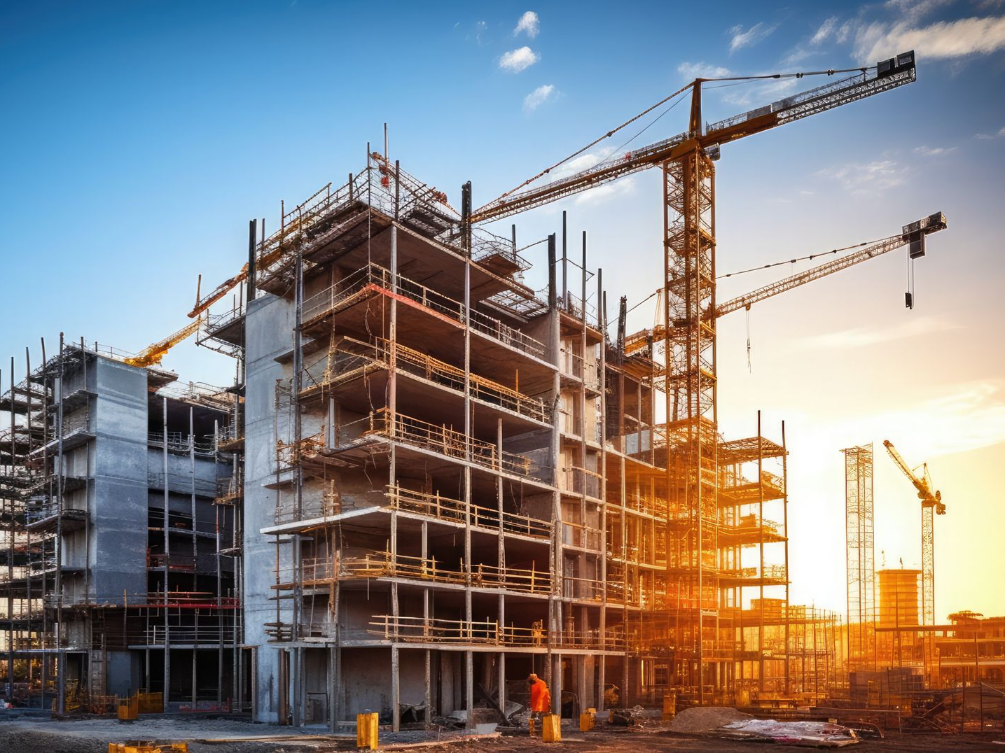 Chantier de construction avec plusieurs grues.