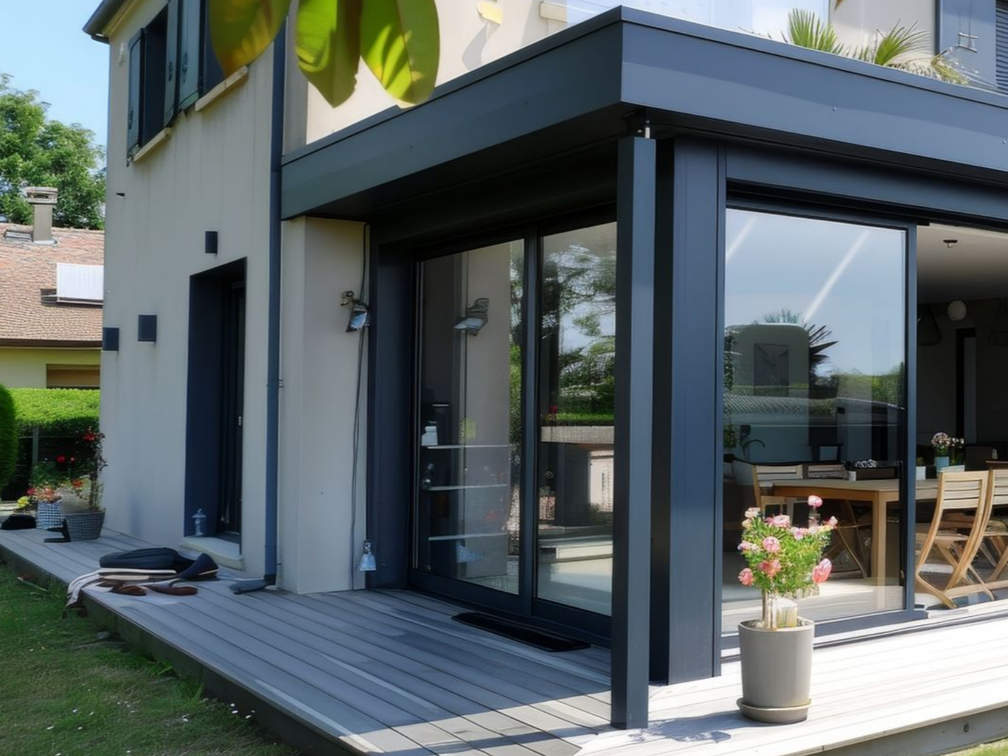 Une extension de maison moderne avec de grandes portes coulissantes en verre.