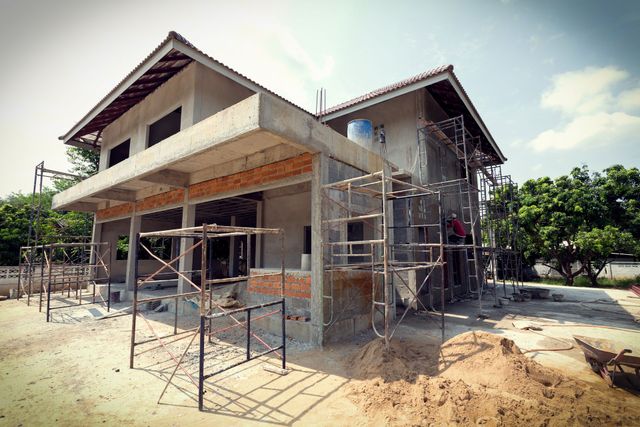 Maison à deux étages en construction, avec échafaudages, poutres en béton et murs de briques.
