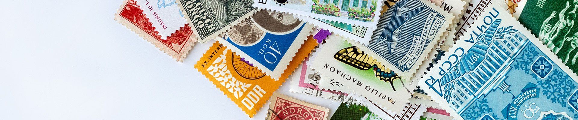 Belle collection de timbres entreposés sur un fond blanc