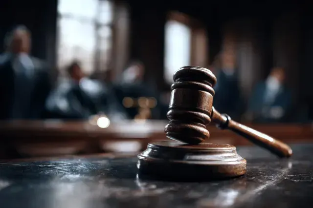 Un mazo de madera sobre un soporte en una sala de tribunal, jueces y abogados borrosos en el fondo.