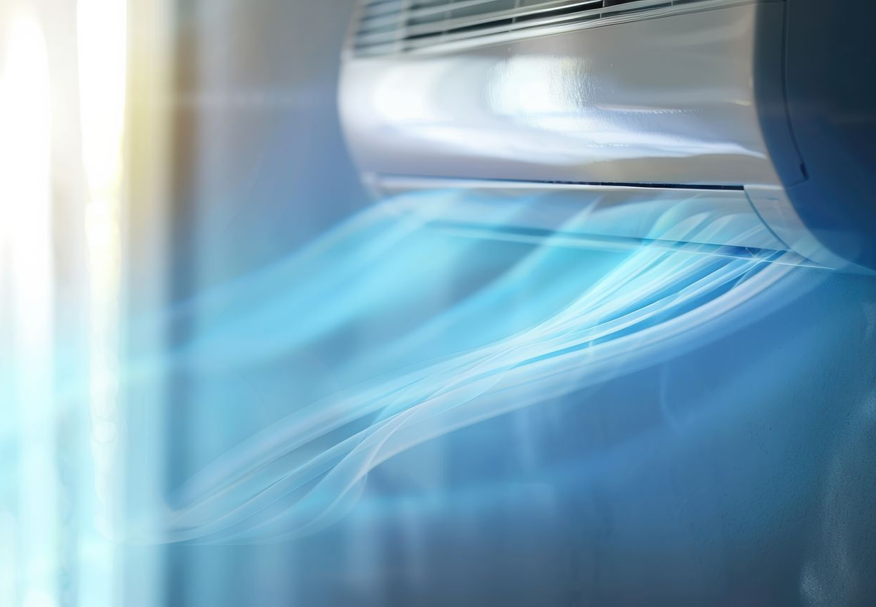 Le climatiseur souffle de l'air frais et bleu.