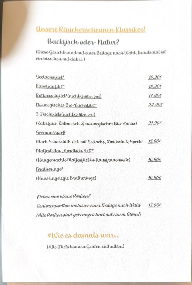 Deutsche Restaurant-Speisekarte mit goldenem Titel und einer Liste der Gerichte und Preise auf weißem Papier