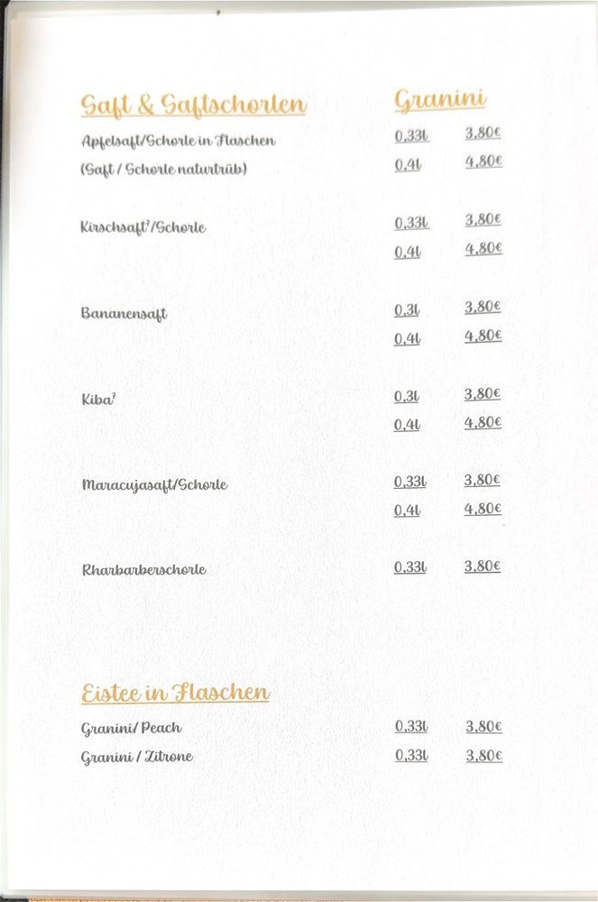 Menüseite mit goldenen Überschriften und einer Liste der Desserts und Preise auf weißem Hintergrund