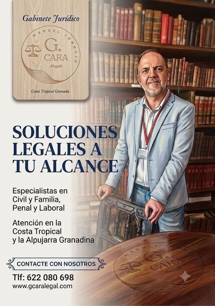 Abogado en despacho con libros; texto: “Soluciones legales a tu alcance” y datos de servicios jurídicos.