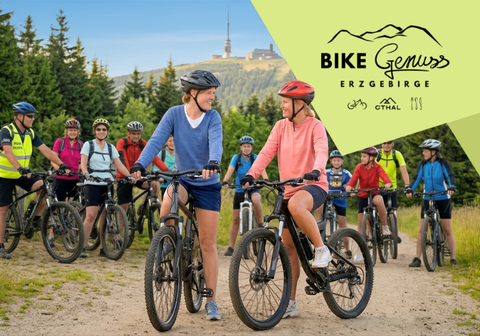 Gruppe von Mountainbikern auf einem malerischen Outdoor-Trail, mit einem Bike Gems-Logo in der Ecke