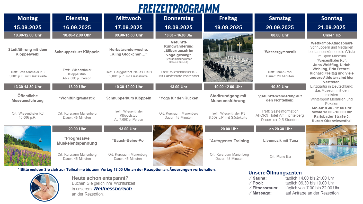 Freizeitprogramm mit Aktivitäten darunter Yoga, Massagen und geführte Wanderungen.