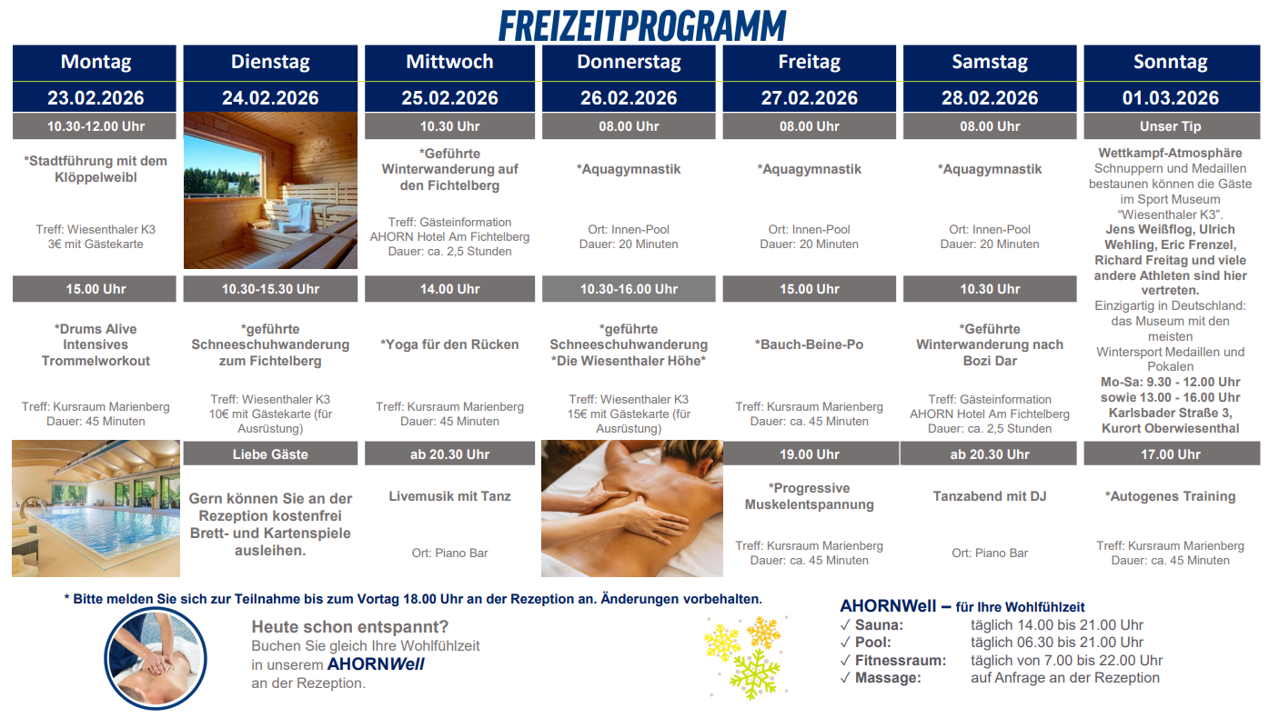 Freizeitprogramm mit Aktivitäten darunter Yoga, Massagen und geführte Wanderungen.