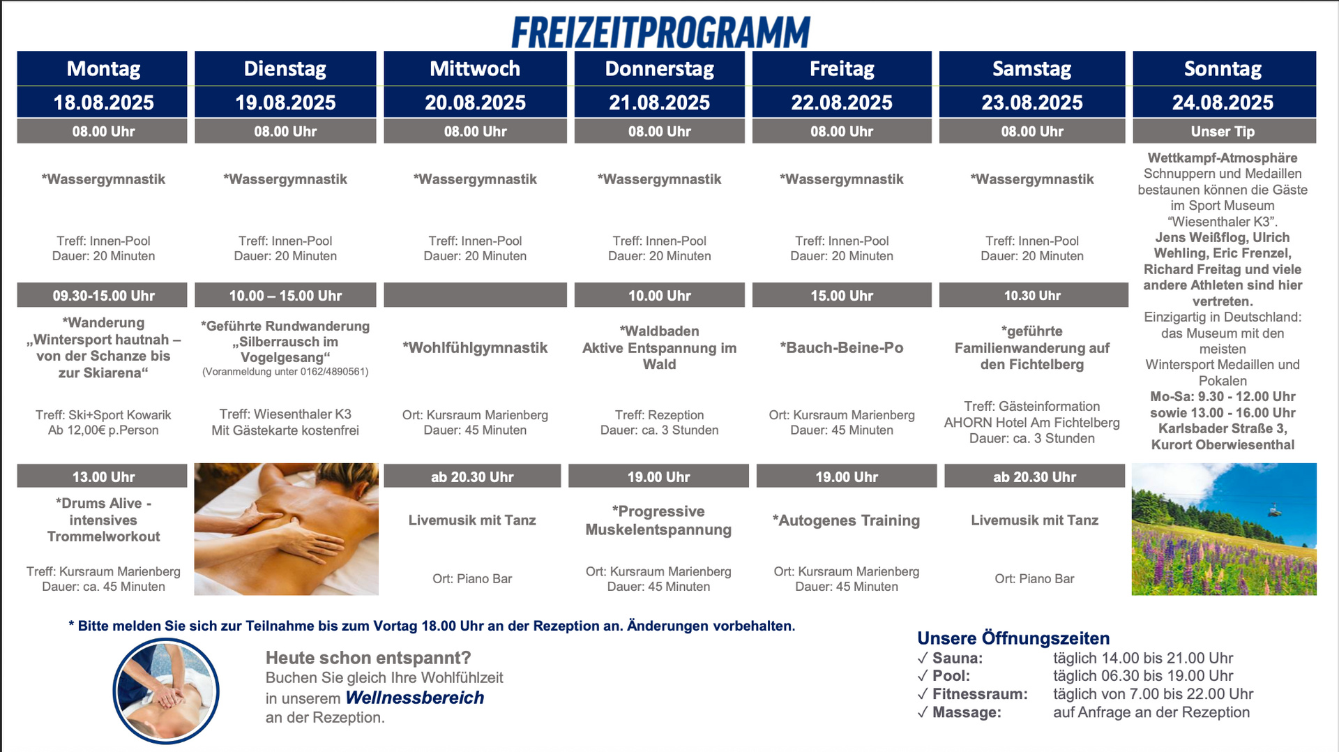 Freizeitprogramm mit Aktivitäten darunter Yoga, Massagen und geführte Wanderungen.