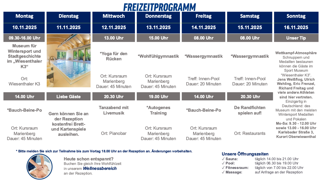 Freizeitprogramm mit Aktivitäten darunter Yoga, Massagen und geführte Wanderungen.