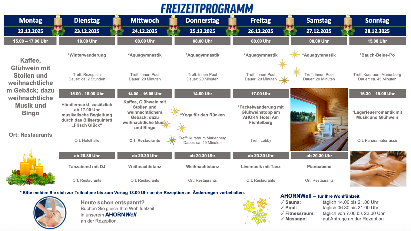 Freizeitprogramm mit Aktivitäten darunter Yoga, Massagen und geführte Wanderungen.