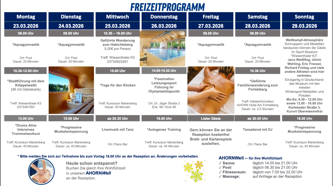 Freizeitprogramm mit Aktivitäten darunter Yoga, Massagen und geführte Wanderungen.