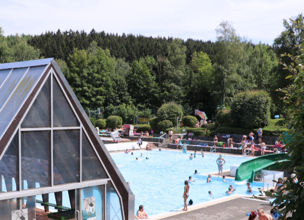Eine Gruppe von Menschen schwimmt in einem großen, von Bäumen umgebenen Schwimmbecken.