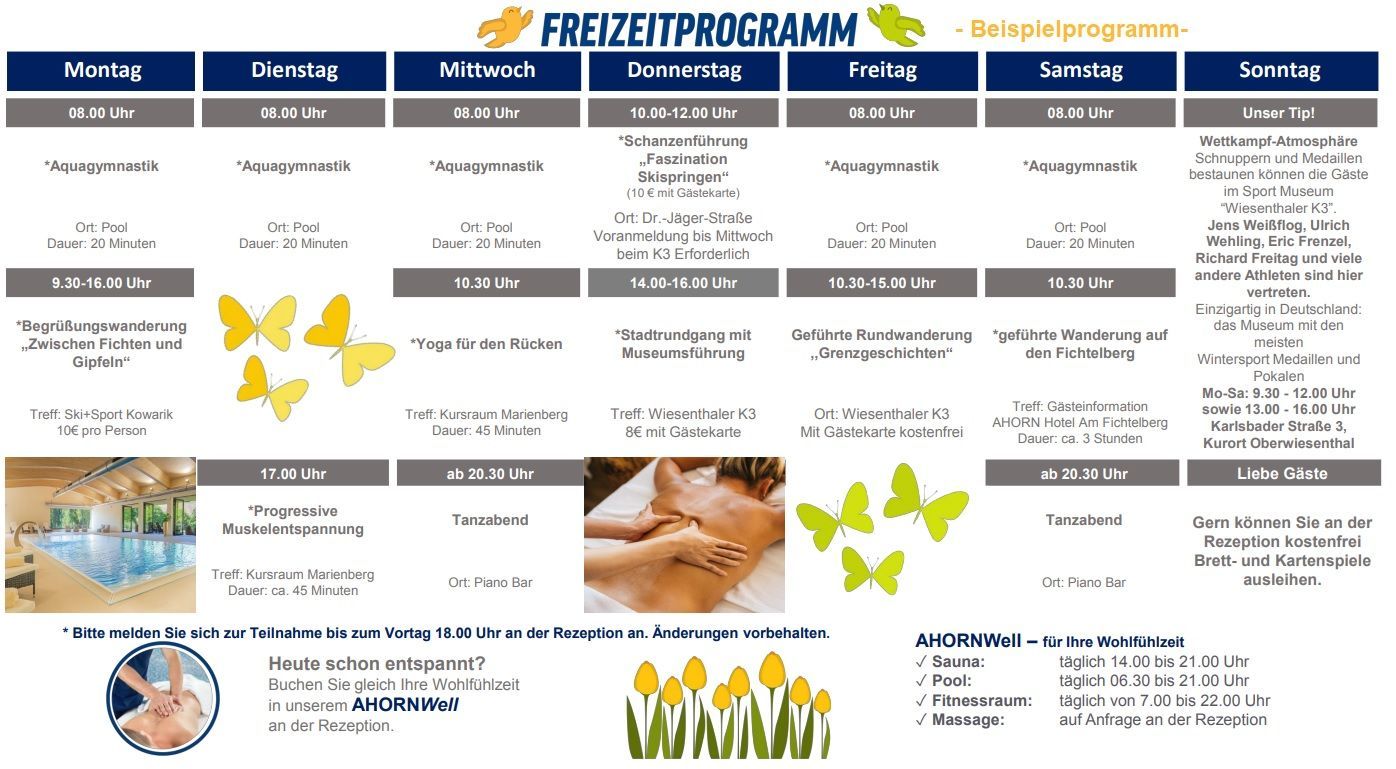 Wochenplanplakat mit dem Titel „Freizeitprogramm“ mit blauen Überschriften, Aktivitätsspalten und Schmetterlingsillustrationen