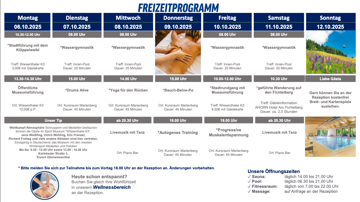 Freizeitproramm Freizeitprogramm mit Aktivitäten darunter Yoga, Massagen und geführte Wanderungen.