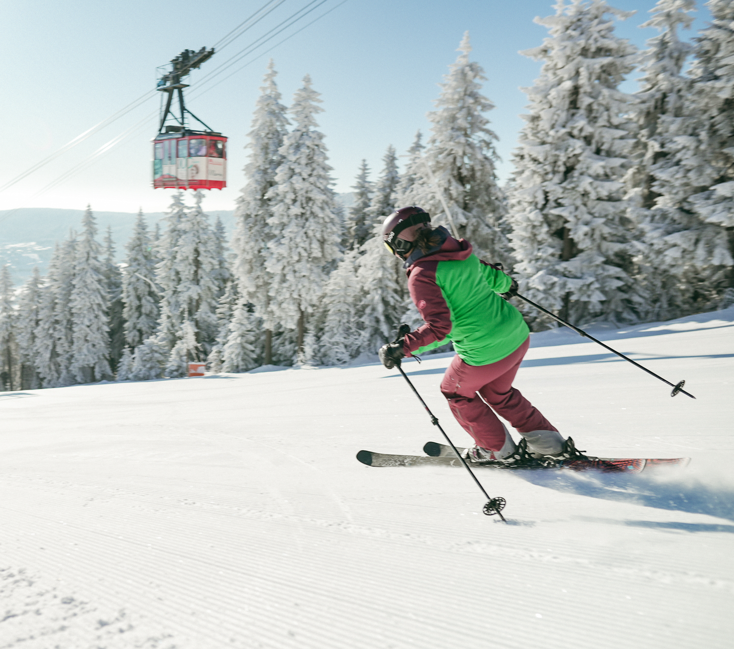 Skifahrer in roter Jacke gleitet unter hellem Sonnenschein einen schneebedeckten Berghang hinab.