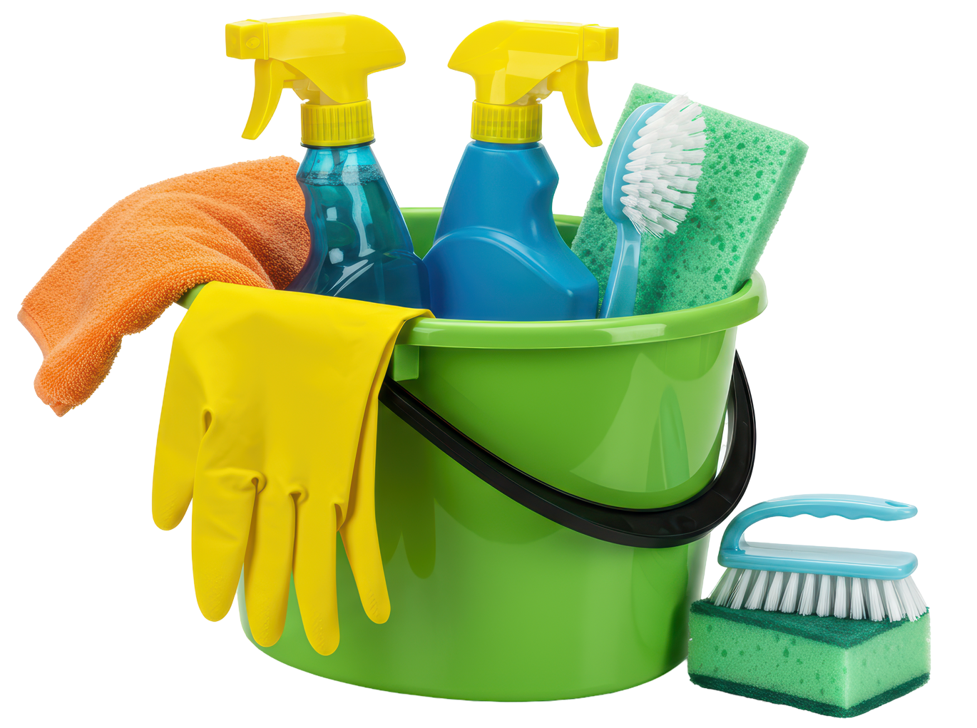 Un seau avec des produits de nettoyage.