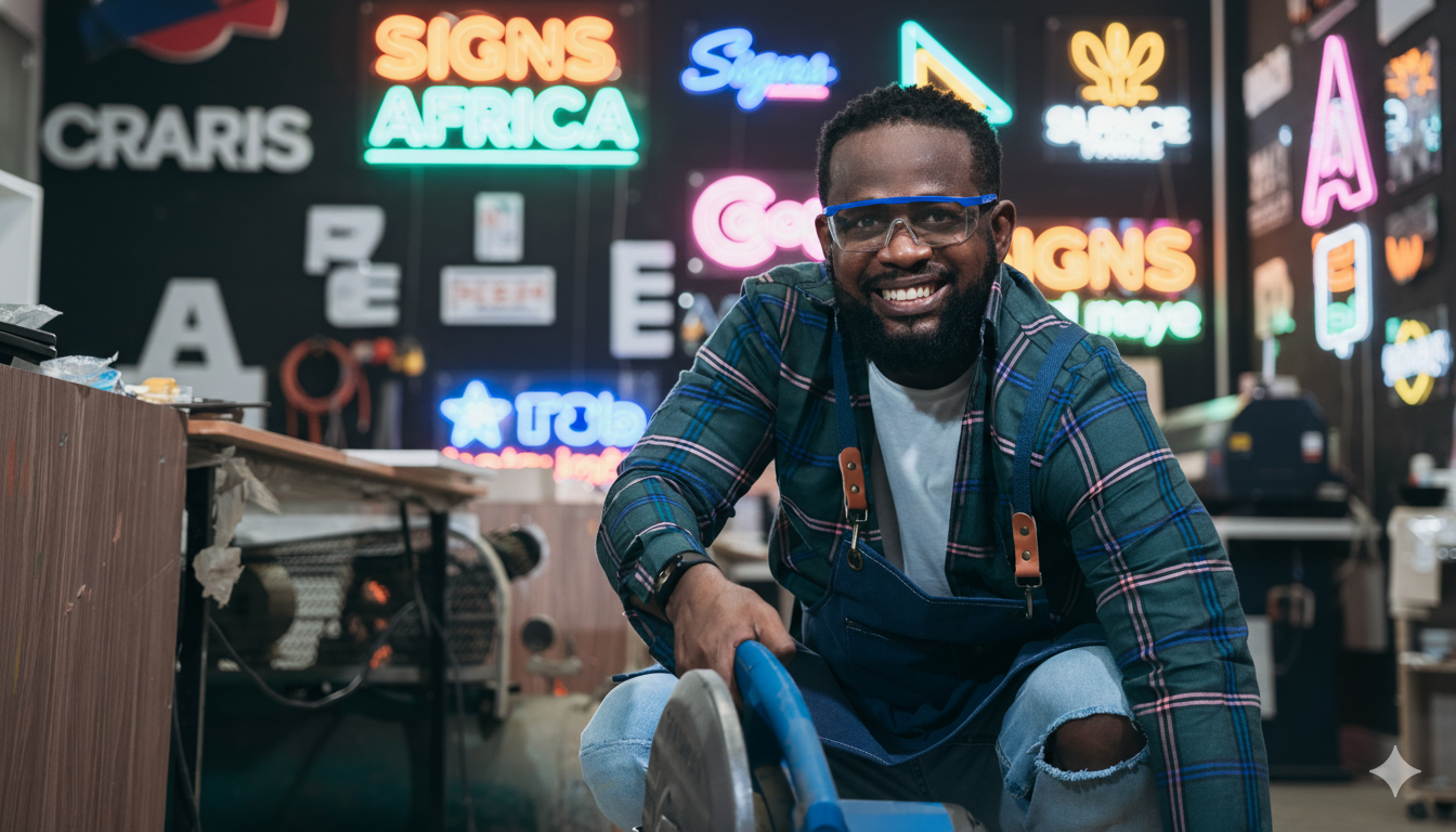 Smiling man in apron with saw, neon signs in background. Workshop interior.