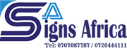 Logo for Signs Africa in blue and white with phone numbers.