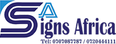 Logo for Signs Africa in blue and white with phone numbers.