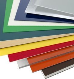 Man examining a color chart in an office. He wears glasses and a blue collared shirt.