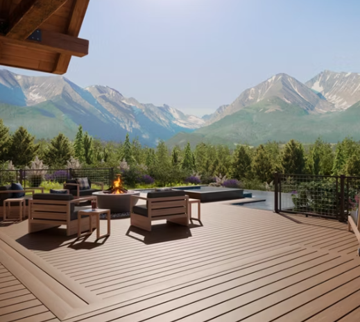 Terrasse avec vue sur la montagne, sièges extérieurs et foyer donnant sur les pins