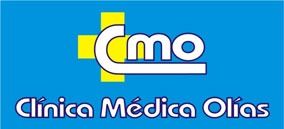 Un logotipo azul y amarillo para la Clínica Médica Olias.