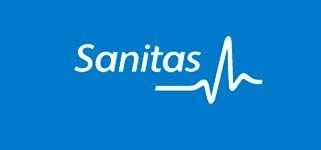El logotipo de Sanitas está sobre un fondo azul con una línea de latidos del corazón.