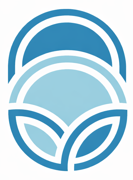 Logotipo abstracto azul y celeste: arcos anidados y formas de hojas dentro de un óvalo.