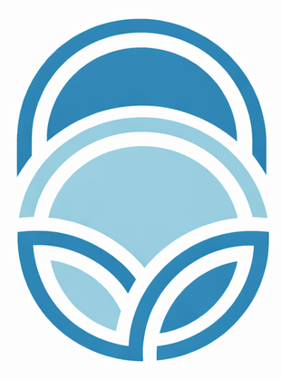 Logotipo abstracto azul y celeste: arcos anidados y formas de hojas dentro de un óvalo.