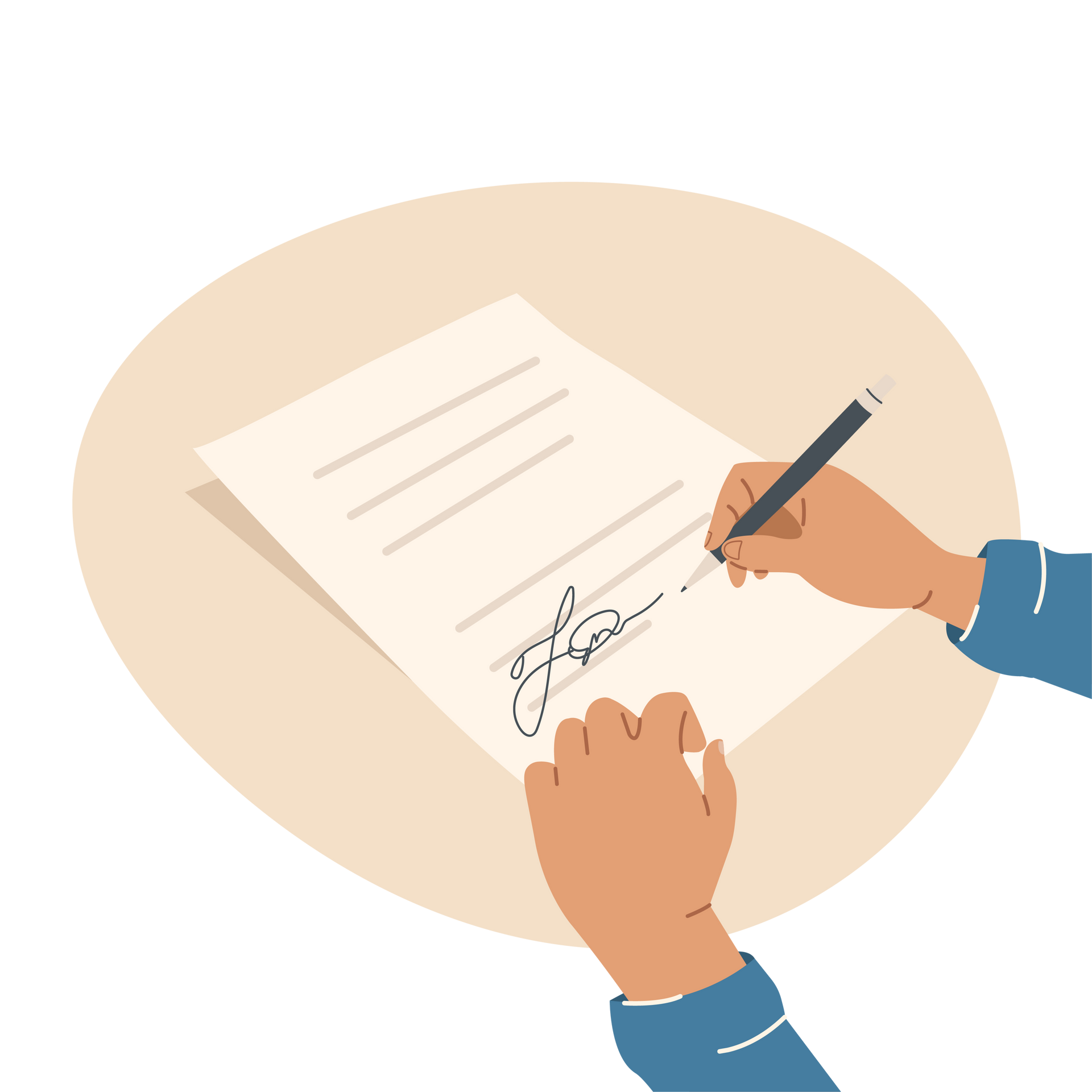 Mains signant un document au stylo ; mains à la peau claire, fond beige.