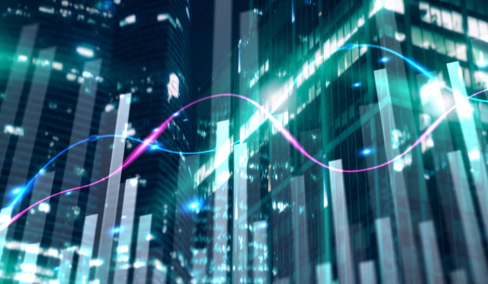 Graphique à barres sur lequel se superpose une ligne ondulée, avec en arrière-plan une ville, représentant des données financières.