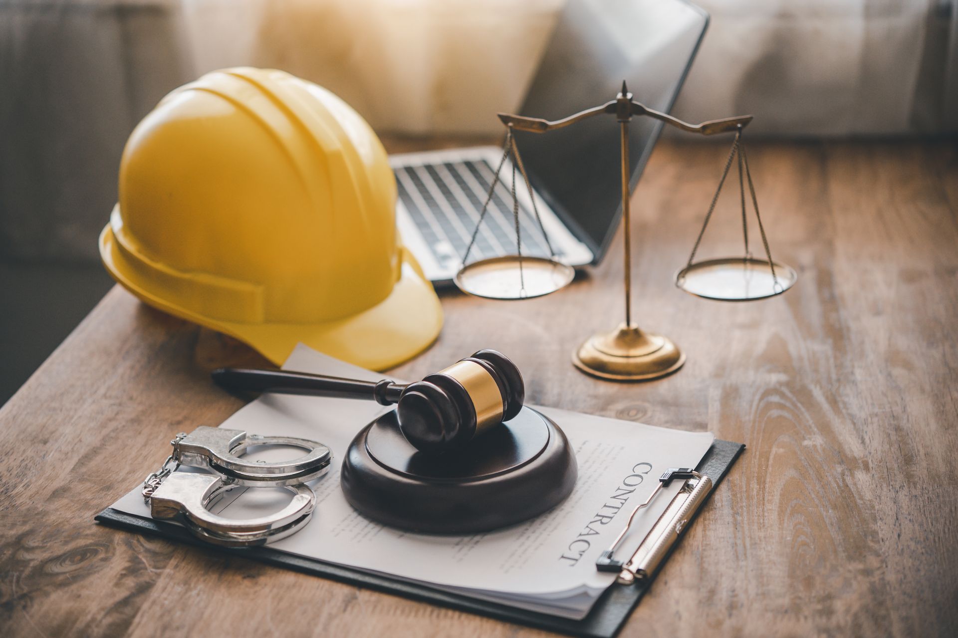 Un casque de chantier jaune, un maillet, une balance, des menottes et un contrat sur le bureau, suggérant les aspects juridiques de la construction.